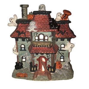HAUNTED HOUSE Porcelain Illuminated Halloween Spooky Ghosts Pumpkins Black Cats
